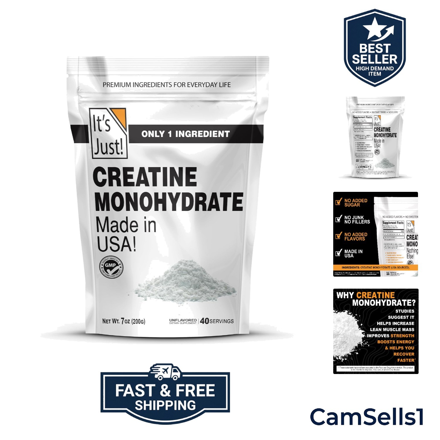 Creatine Monohydrate Powder, Pure Creatine Powder, , 3rd Party Lab Tested, 5g…