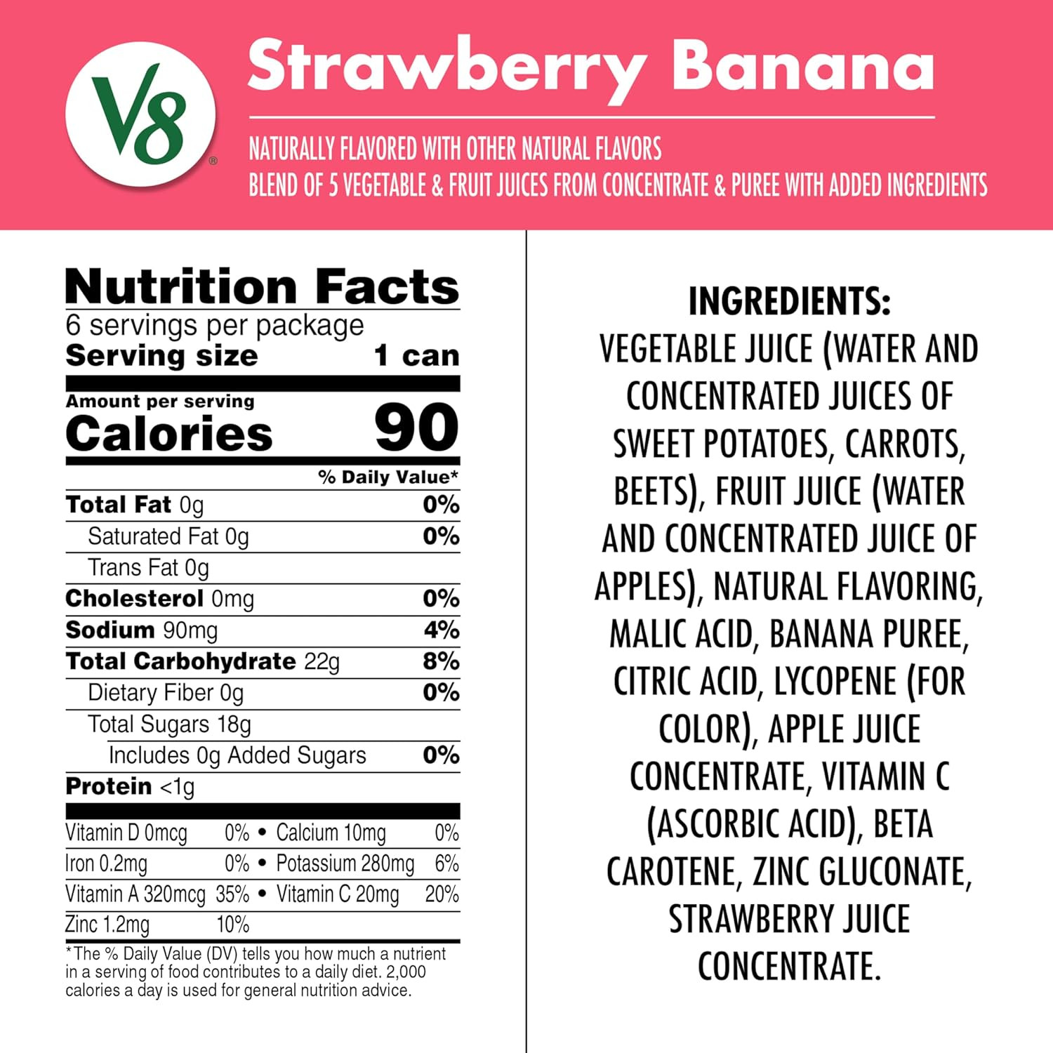 Strawberry Banana 100% Fruit and Vegetable Juice, 8 fl oz Can (6 Pack) (Case of
