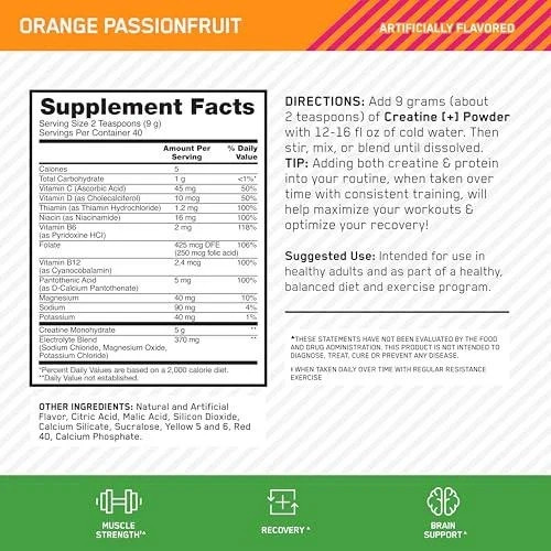 Optimum Nutrition Creatine Monohydrate Plus Powder, Orange Passionfruit Flavored