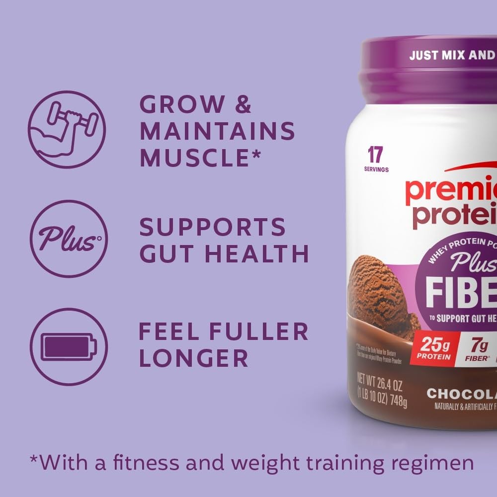 Premier Protein Powder Plus Fiber, Chocolate, 25g Protein, 7g Fiber to Suppor…