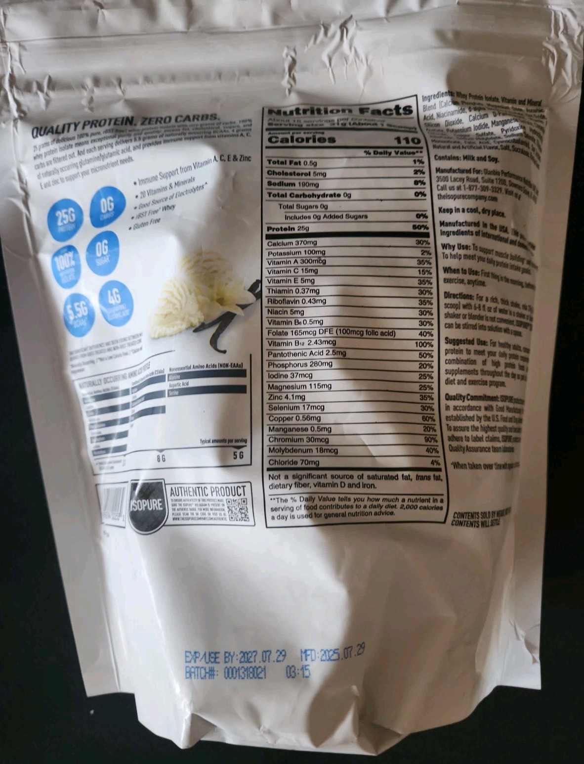 ISOPURE Zero Carb Whey Protein Isolate Powder, Creamy Vanilla, 25G Exp07/29/27