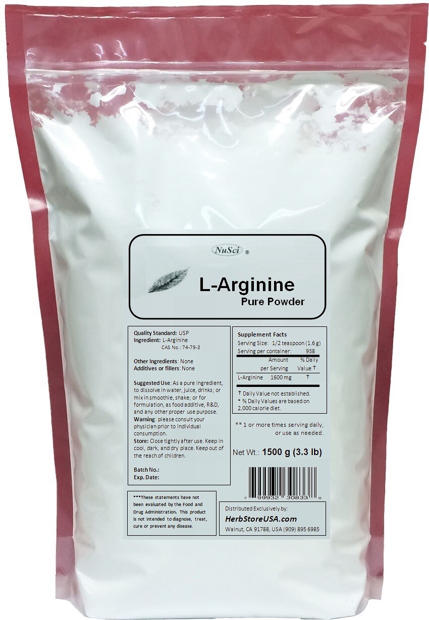 NuSci 100% Pure 1500g (3.3lb) L-Arginine Powder USP Nitric Oxide