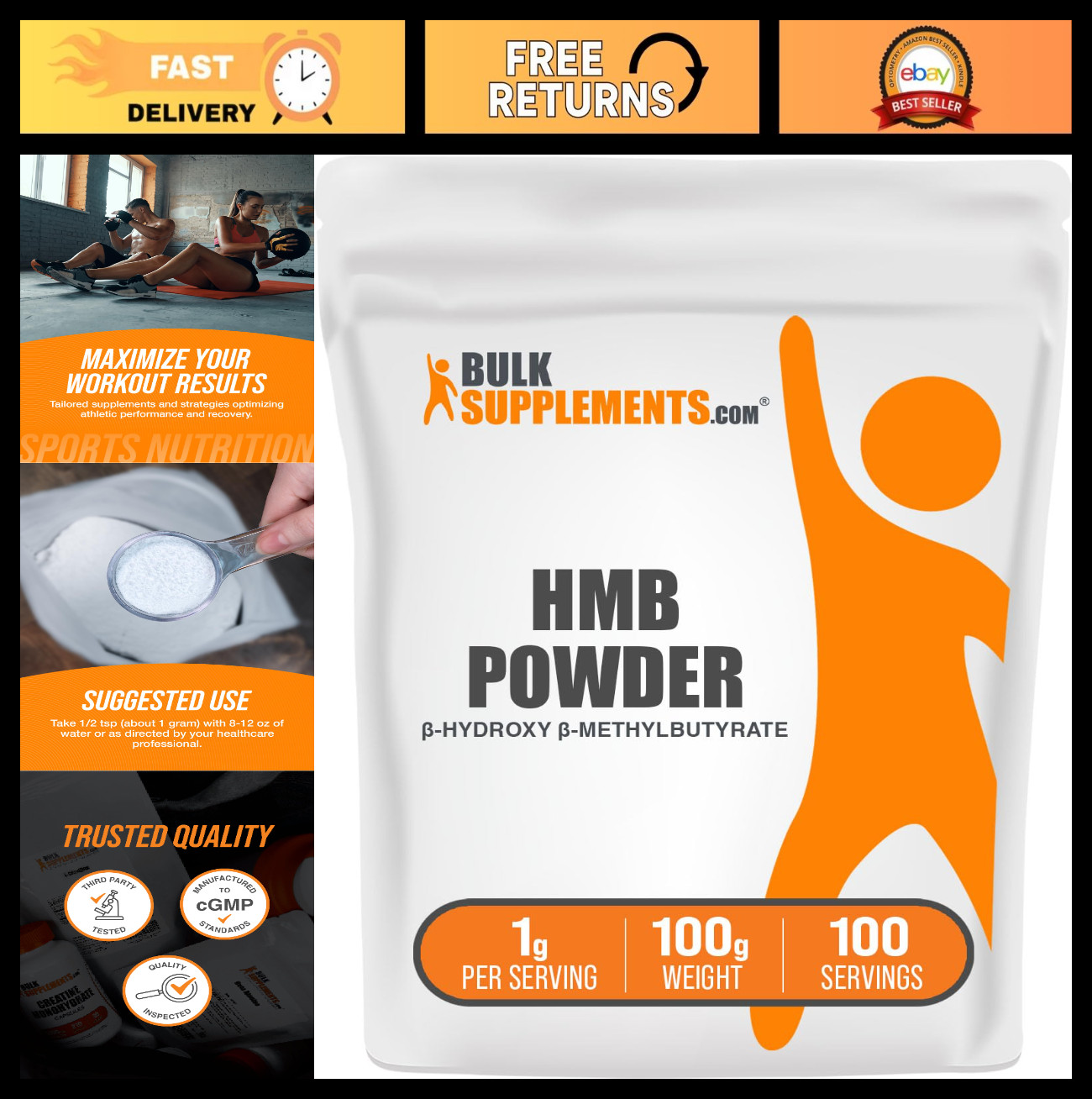 HMB Powder Supplement – Calcium HMB, Beta-Hydroxy Methylbutyrate, Gluten-Free, 1