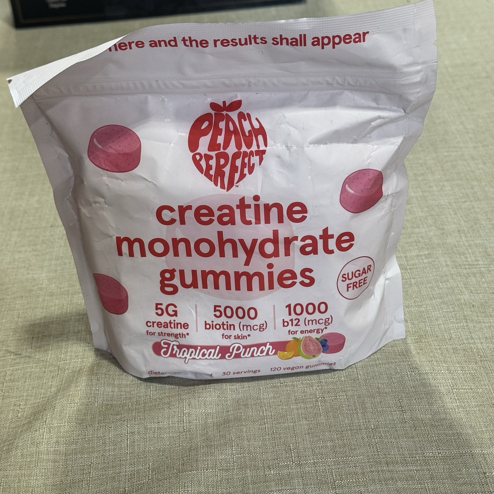 Peach Perfect Creatine Monohydrate Gummies, 120 tropical fruit gummies. Exp 7/27