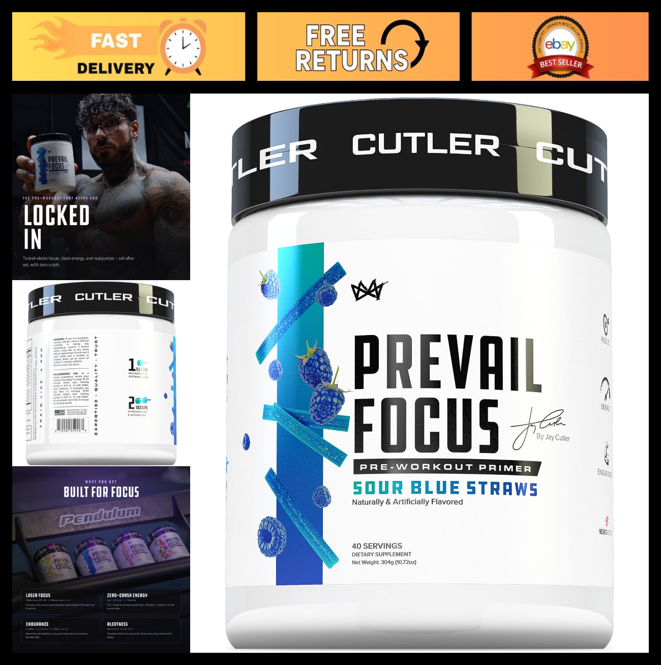 Nootropic Pre-Workout Powder – Sour Blue Razz, 40 Scoops | Energy, Focus, L-Citr