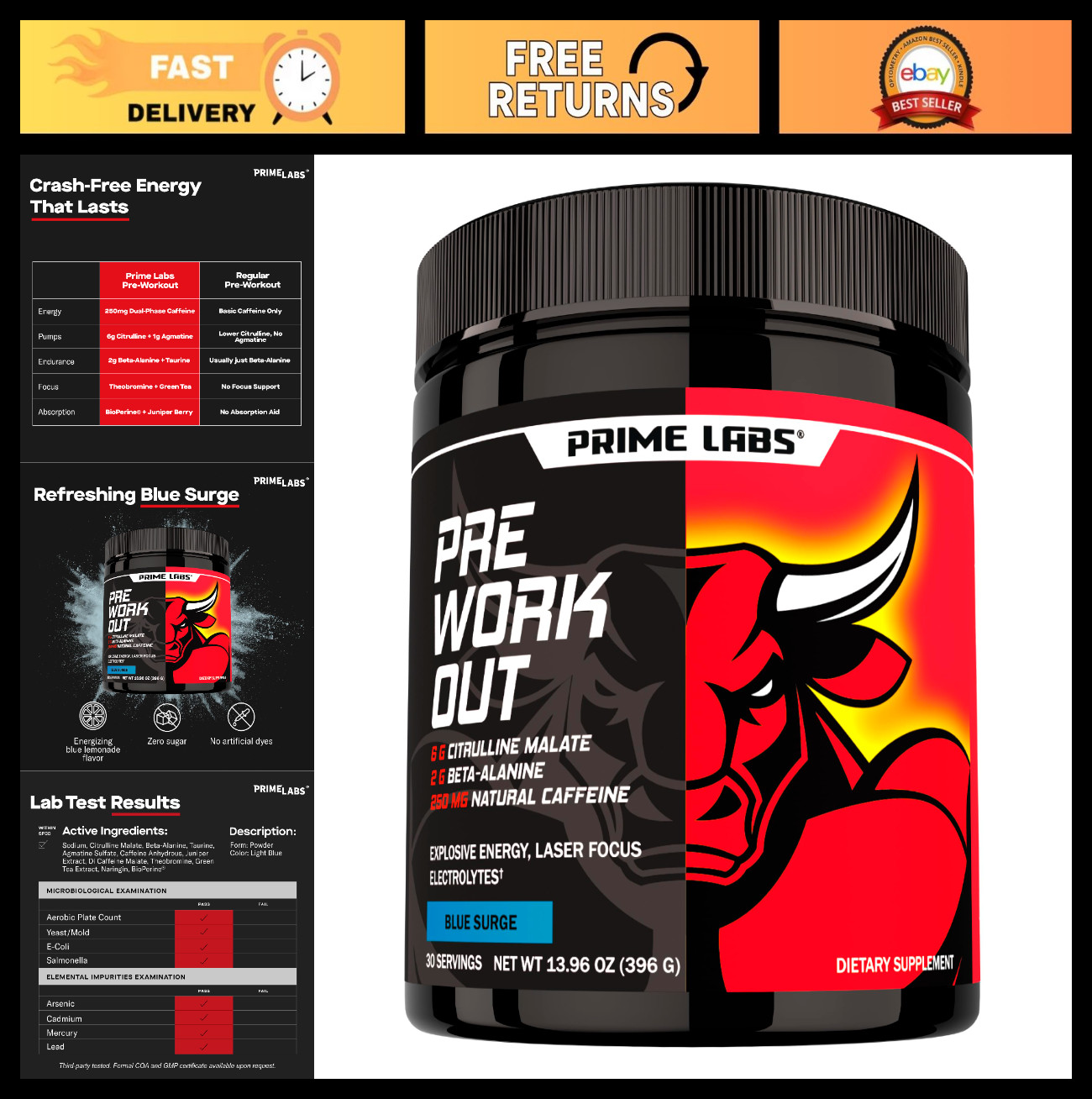 Pre Workout Powder for Men – Blue Lemonade, Citrulline Malate, Beta-Alanine, Caf