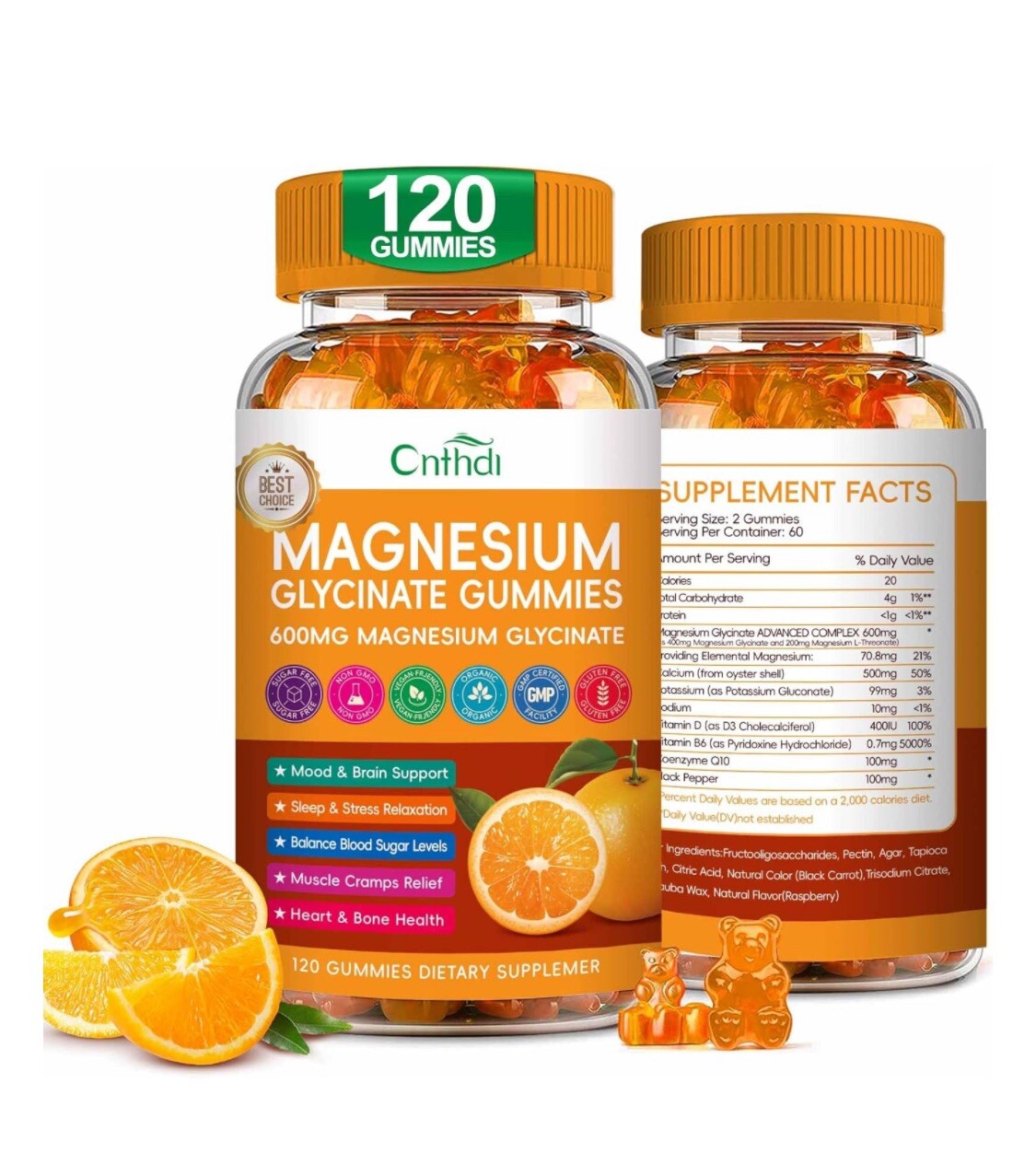 Magnesium Glycinate Gummies Orange 120 Gummies High Absorption, Diet Sup 600mg