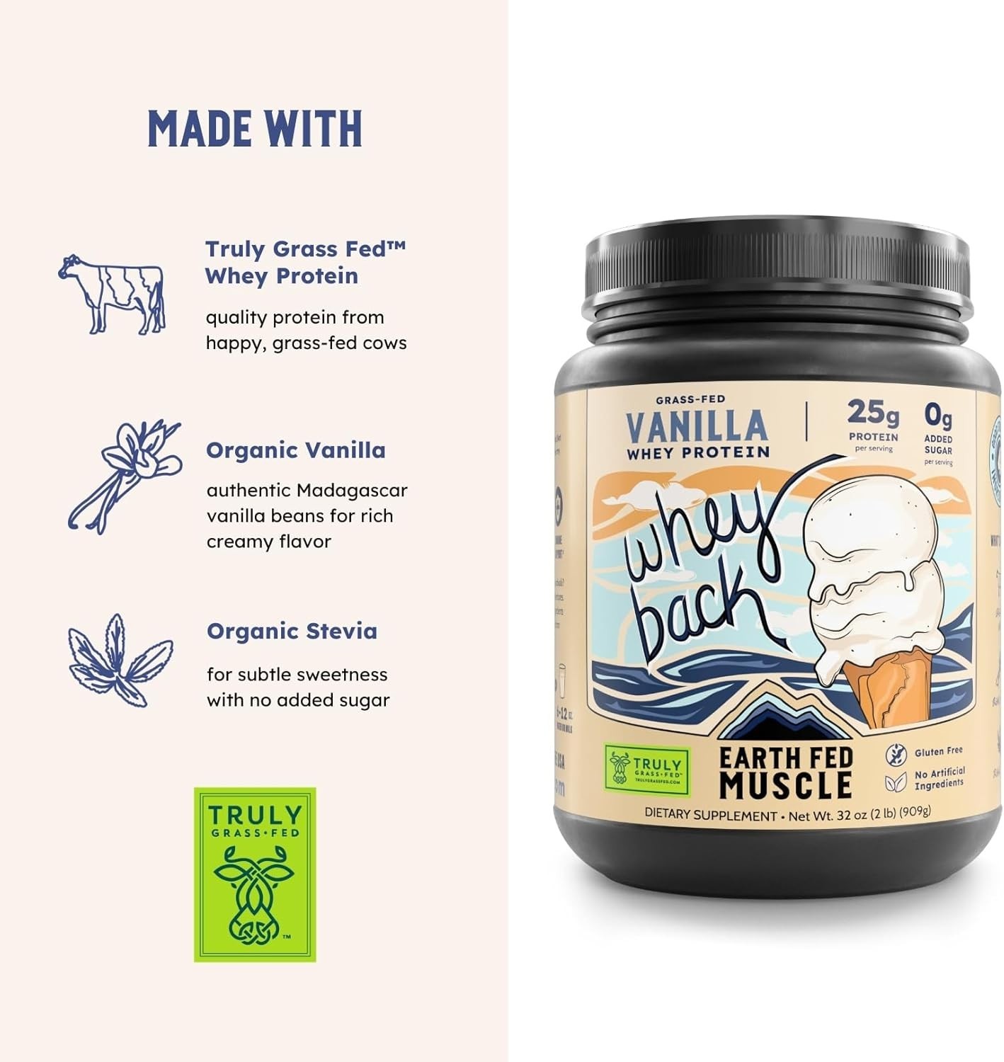Earth Fed Muscle Vanilla Whey Back | 2lb Irish Grass Fed 25g Protein Isolate