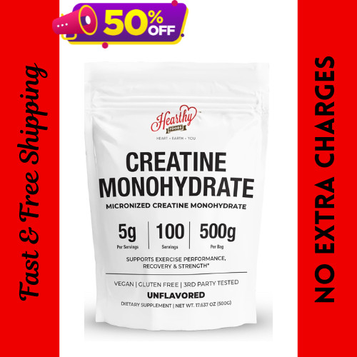 HEARTHY FOODS Creatine Monohydrate 500g 100 Servings, 5000mg No Extra Charges