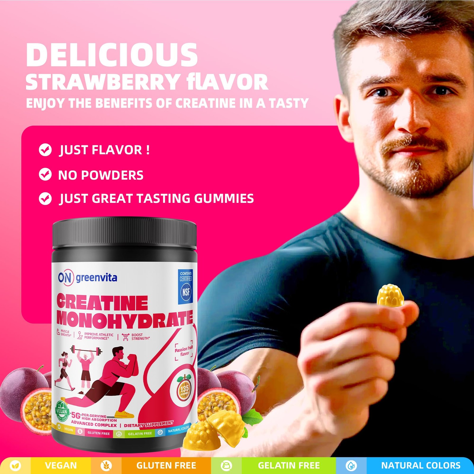 Creatine Monohydrate Gummies, NSF Certified Creatine Gummy, 5g Dose for Men &…