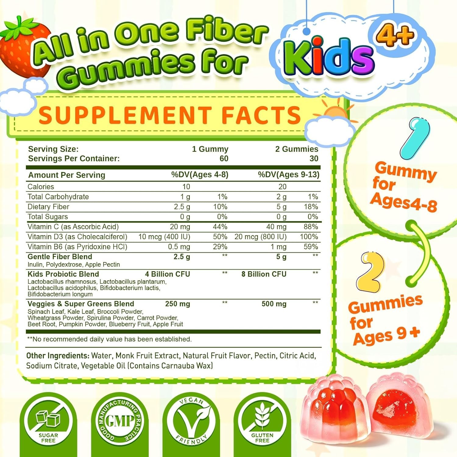 duwhot brand Kids Fiber Gummies 5g, Prebiotic Fiber Supplement with Probiotics