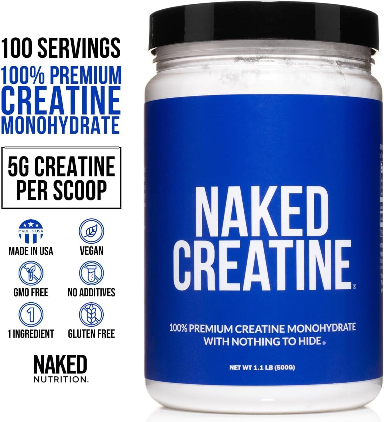 NAKED Pure Micronized Creatine Monohydrate Powder – Unflavored, 500g, 1.1lb Bulk