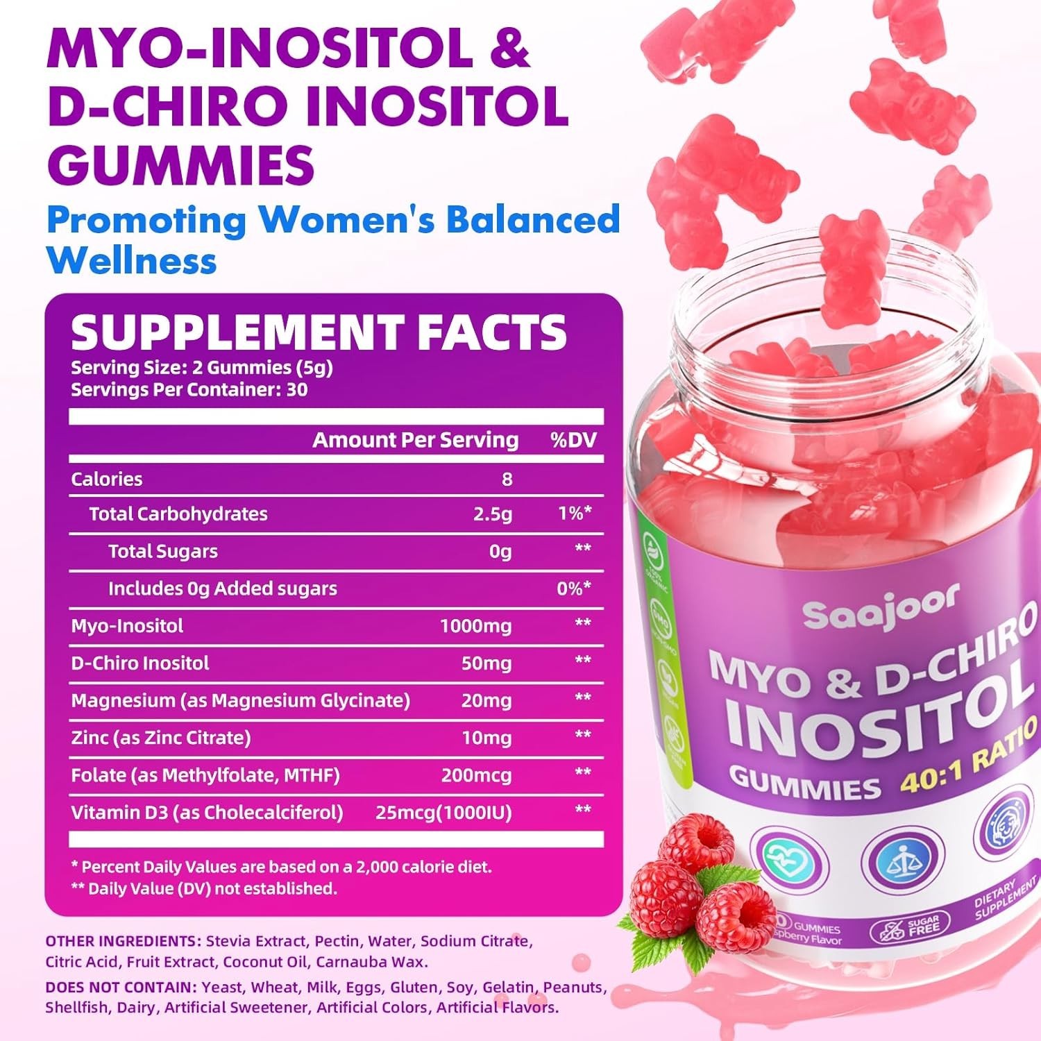Saajoor Myo-Inositol & D-Chiro-Inositol Gummies with Vitamin D3, Magnesium