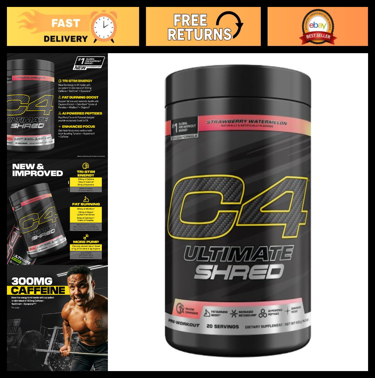 Ultimate Shred Pre Workout Powder for Men & Women – 20 Servings, Energy Boost, F