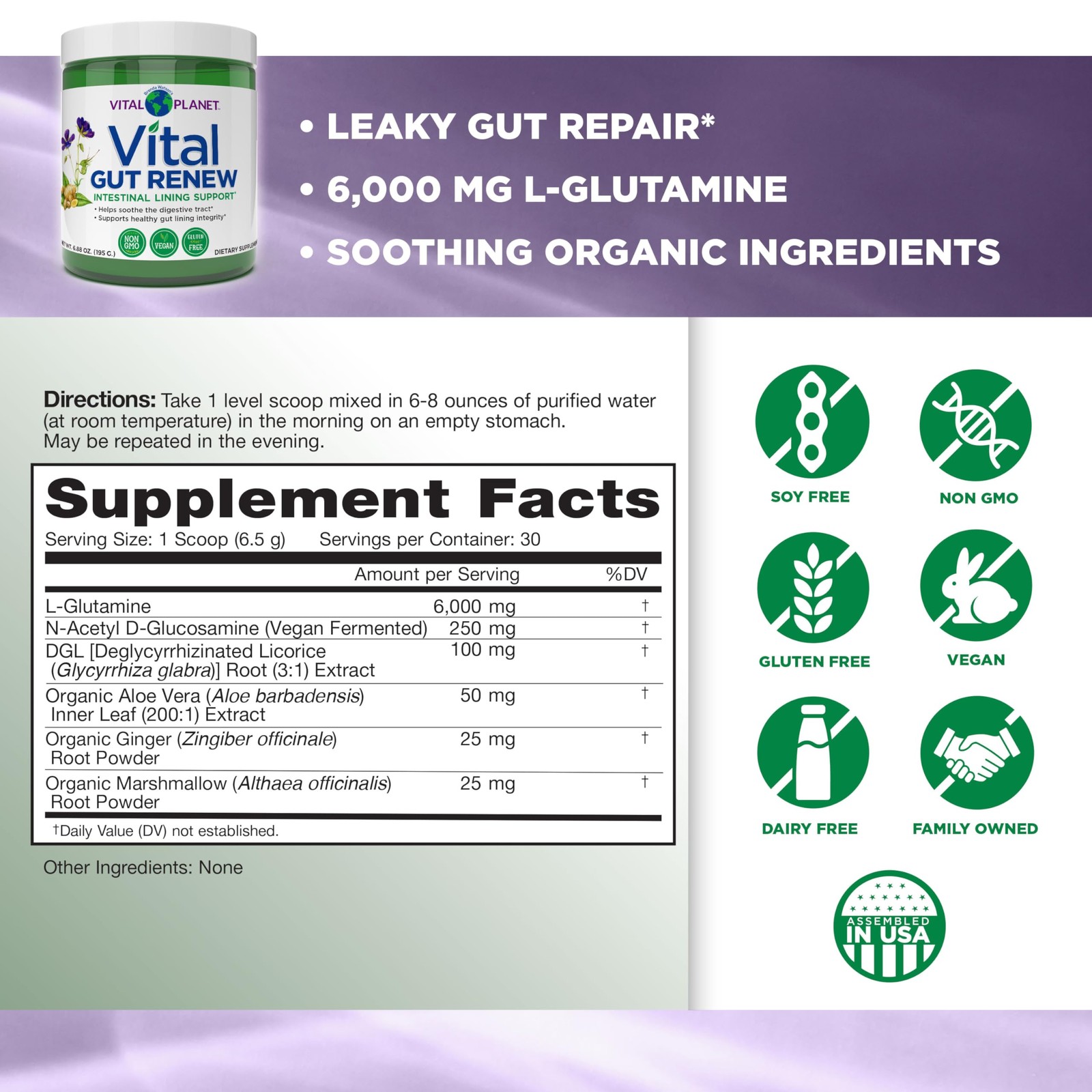 Vital Gut Renew Powder Supplement for Leaky Gut Repair with L-Glutamine, Marshma