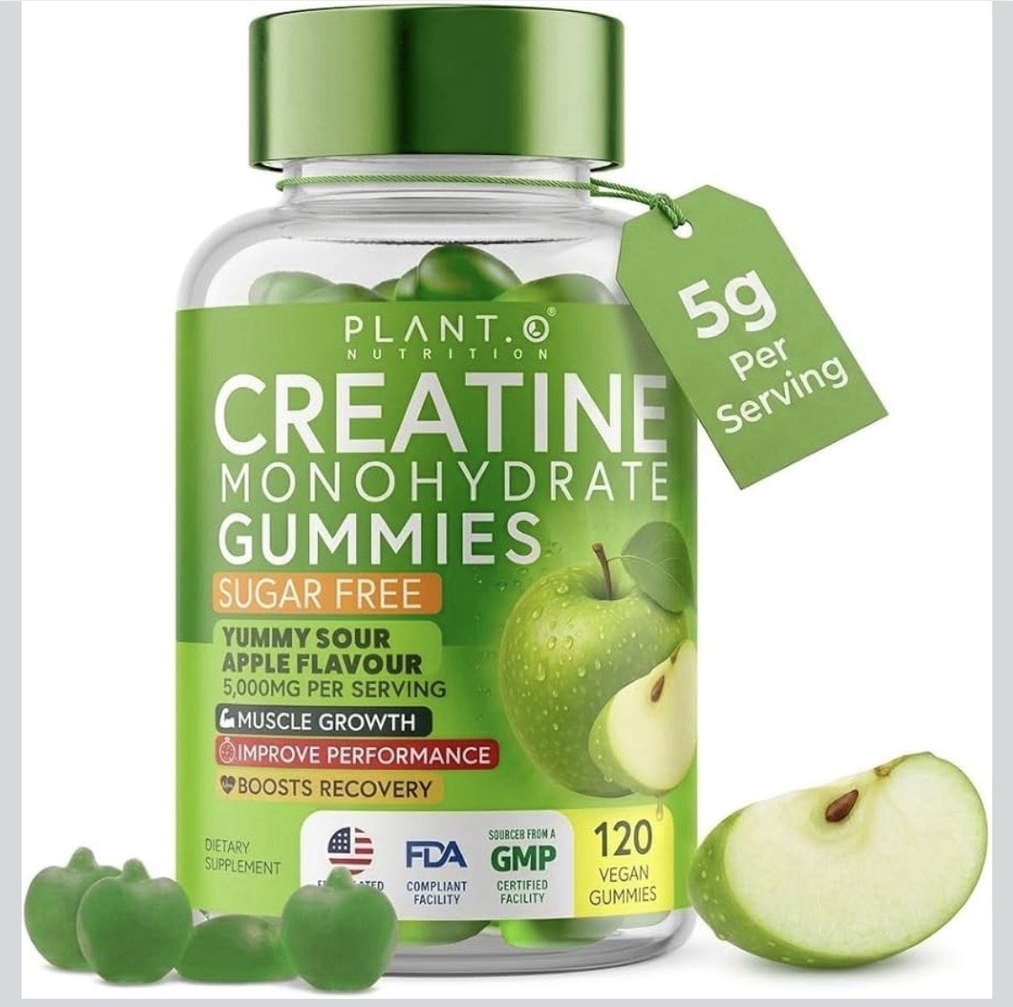 PLANT.O NUTRITION Creatine Monohydrate Gummies Sugar Free 120 Count Green Apple
