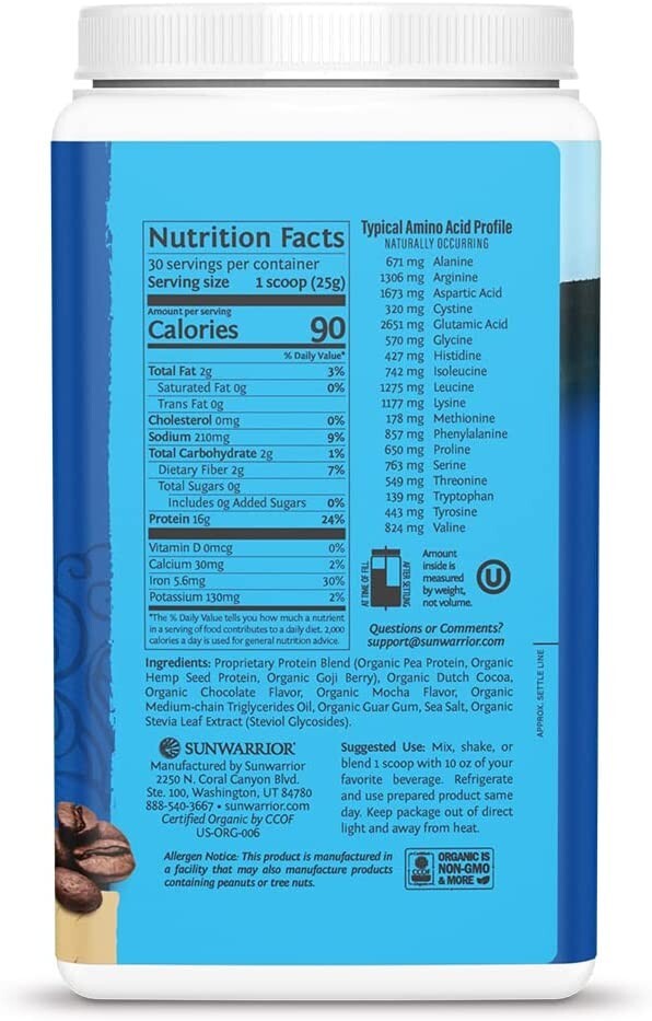 Sunwarrior Warrior Blend Plant-Based Raw Vegan Protein Powder, Mocha, 1.65 lbs