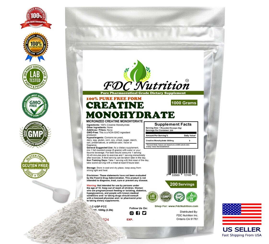 Creatine Monohydrate 100% Pure Powder 1000g (2.2 lb) Micronized by FC NUTRI