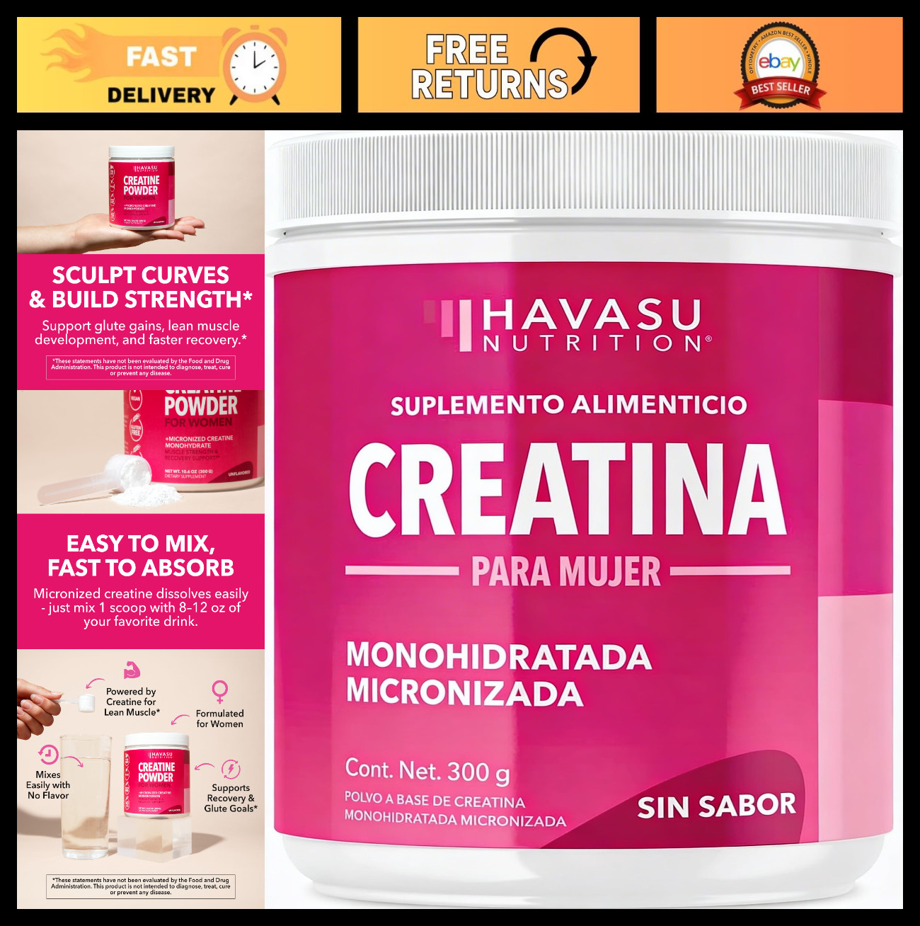 Unflavored Creatine Monohydrate for Women – 300g, Energy & Muscle Support, Vegan