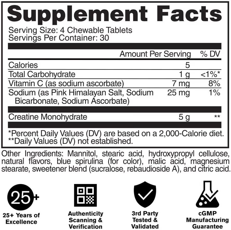 GAT Sport Creatine Chews Blue Raspberry 30 Servings (120 Tabs) Zero Sugar