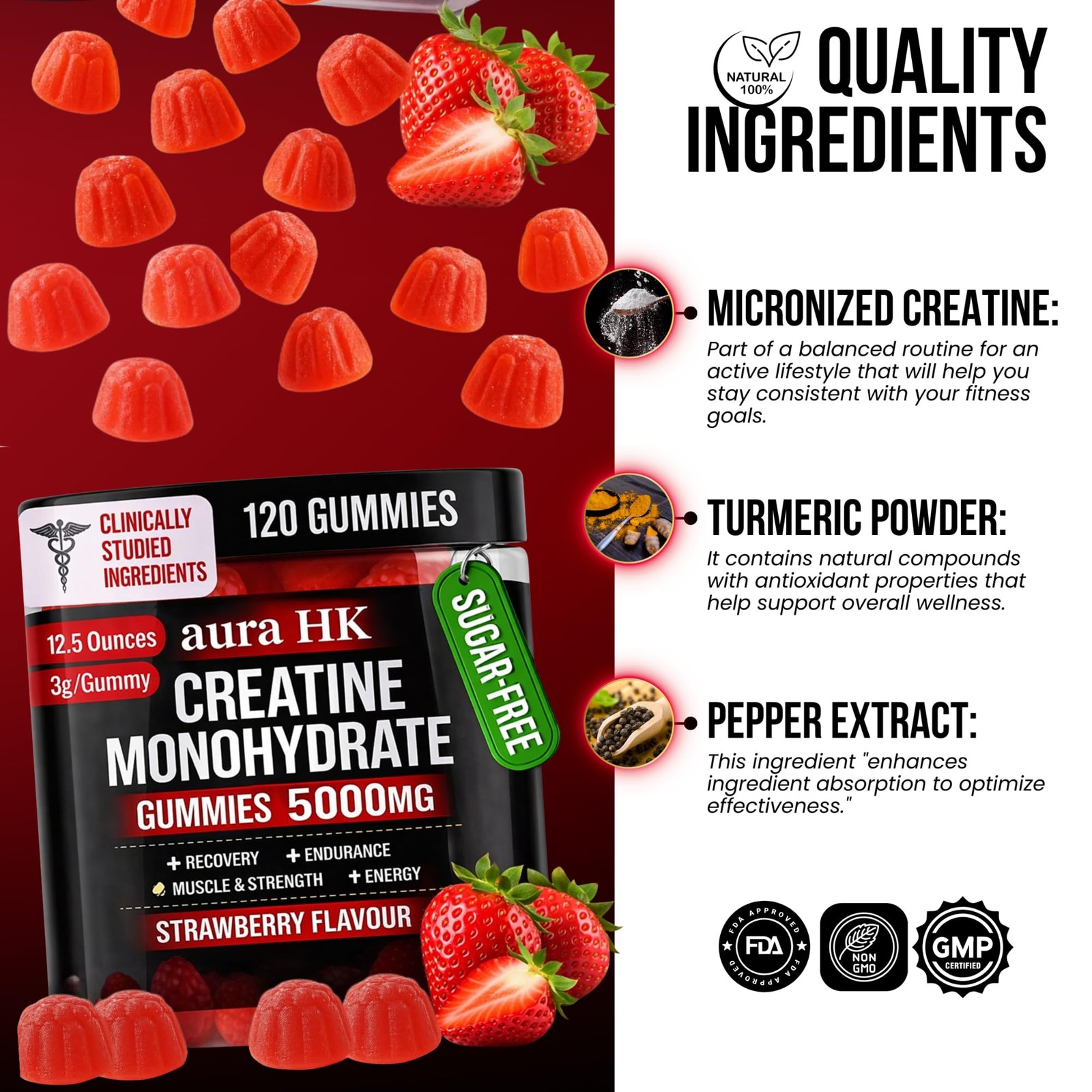 Sugar Free Creatine Monohydrate Gummies 5000mg 120 Count Jar for Men & Women …