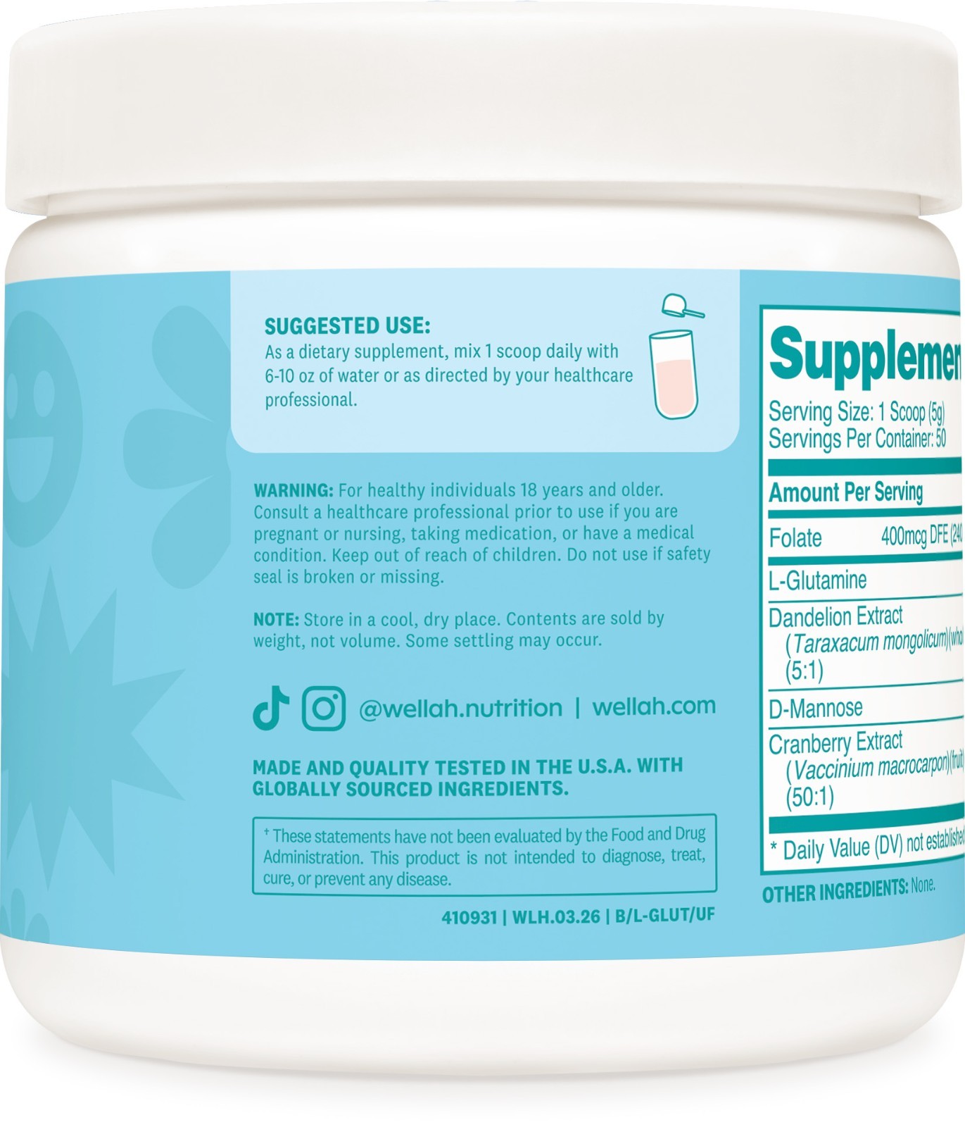 Wellah L-Glutamine Unflavored Powder (50 Servings) – 5g L-Glutamine Per Serving