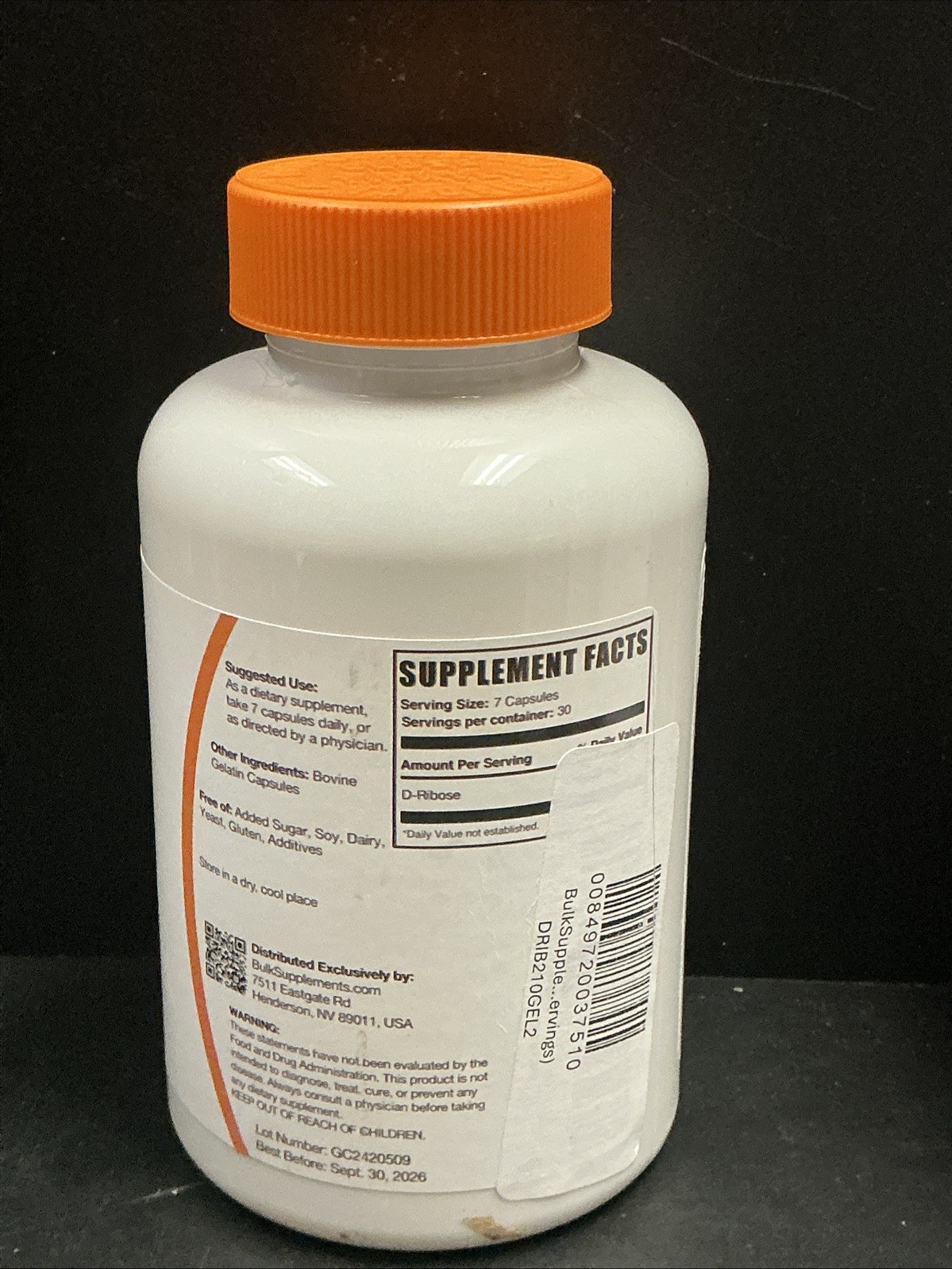 BulkSupplements D-Ribose 210 Capsules – 5g Per Serving EXP. 09/2026