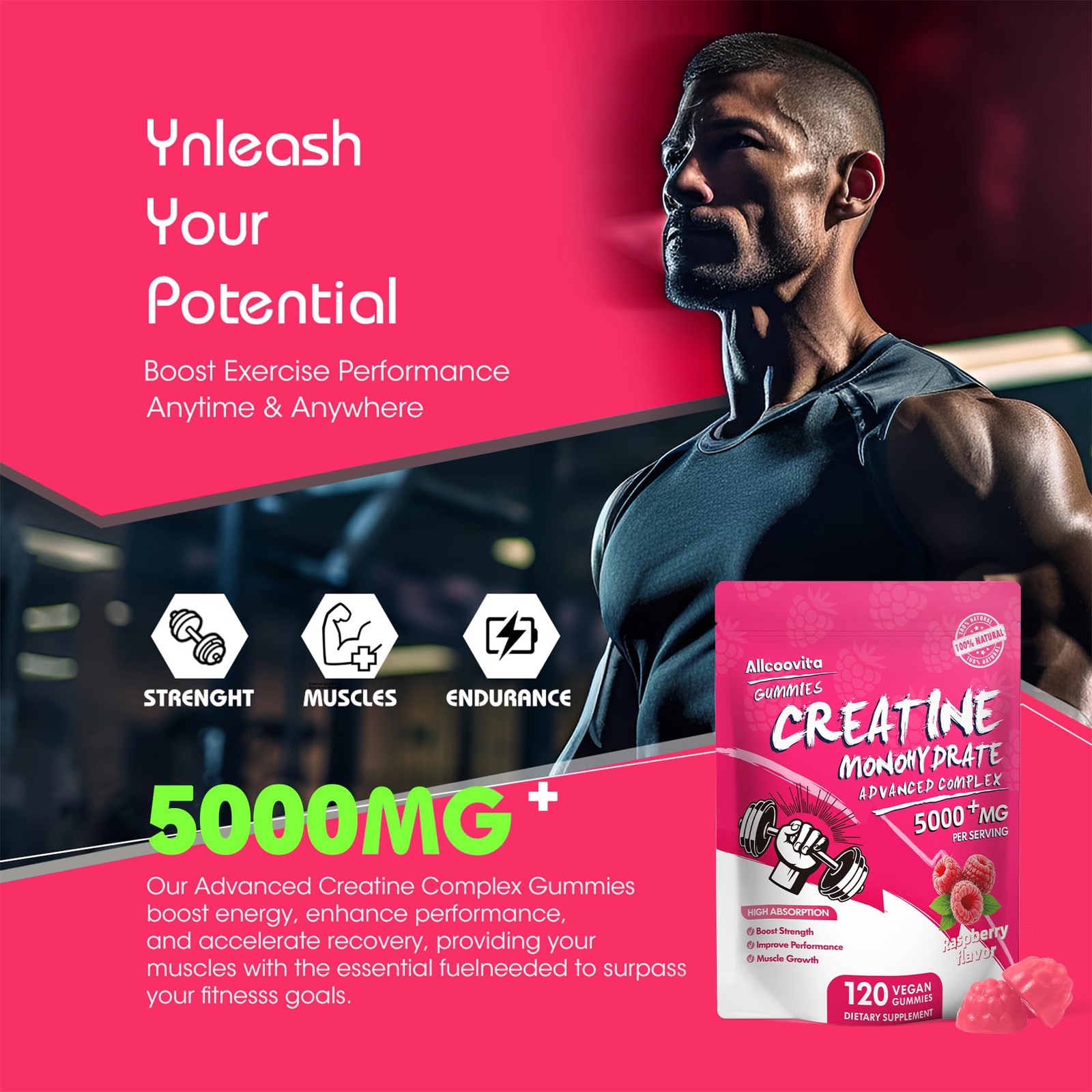 NSF Certified Creatine Gummy – Creatine Monohydrate Gummies 5000mg for Men & …