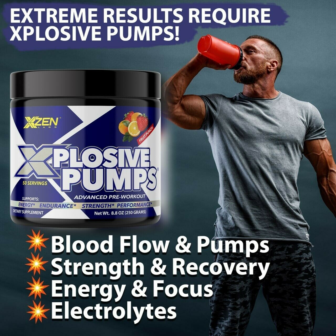 Pre-Workout Powder Muscle Pump Supplement Energy Focus Strength 50 Servings WM