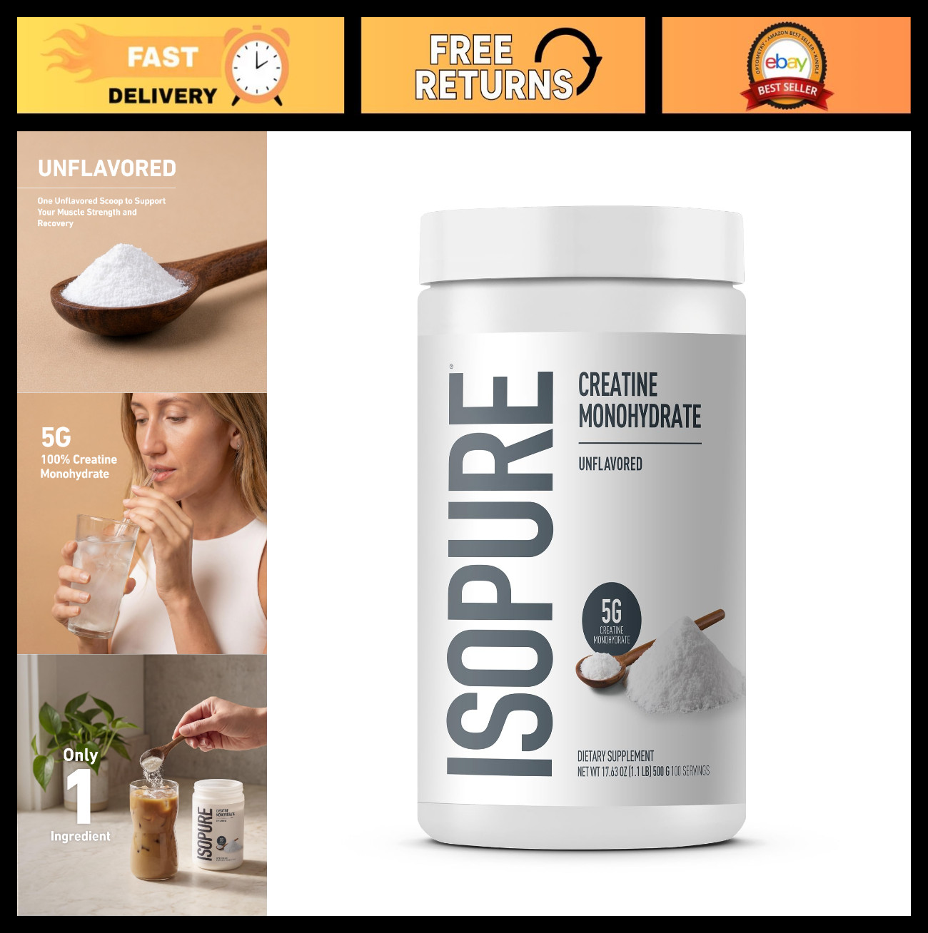 100% Pure Creatine Monohydrate Powder – Sugar Free, Unflavored, 5g/Serving, 1.1