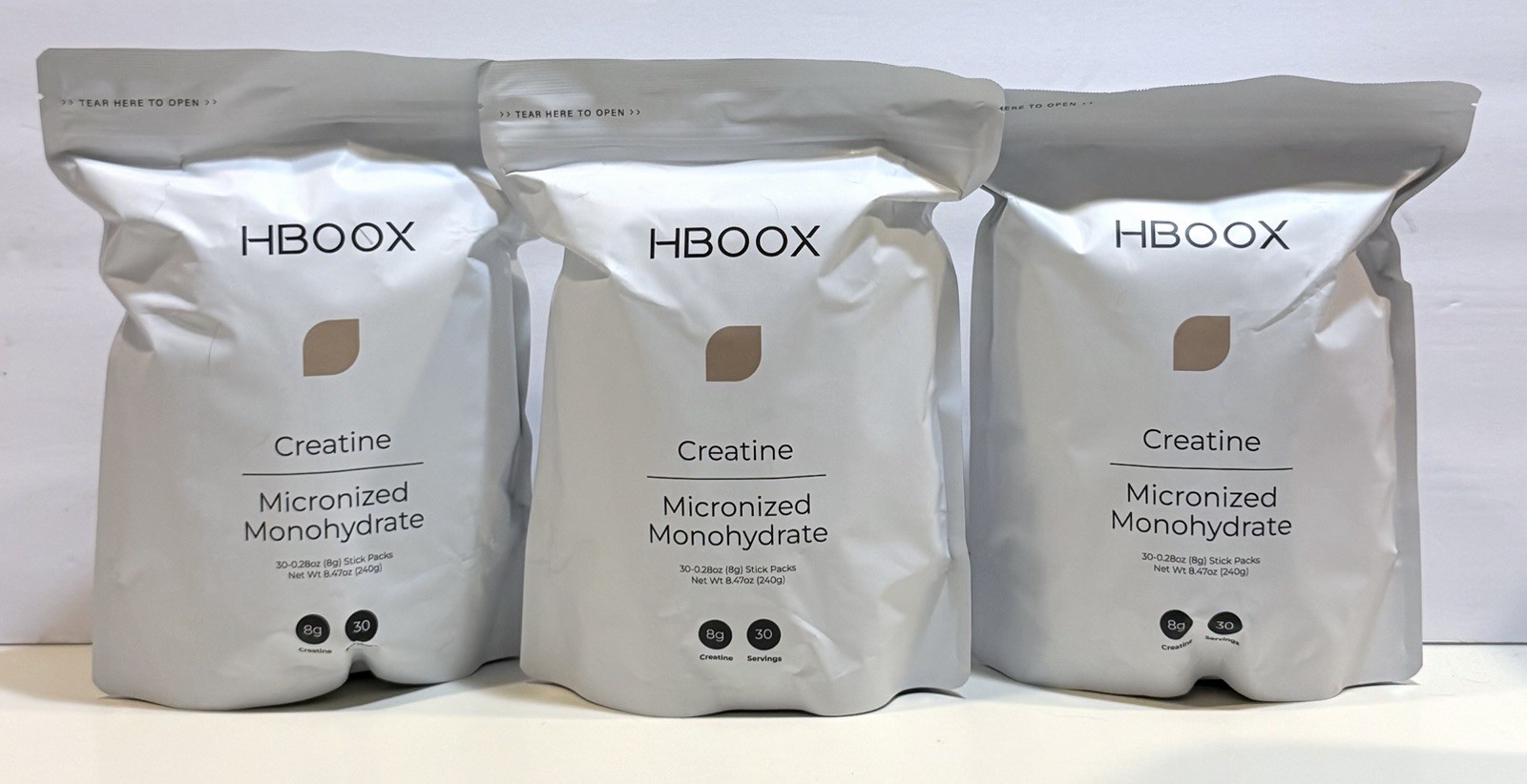 3 Pack HBOOX Creatine Monohydrate 30 Stick Packs 8g Exp 10/2027 90 Total Sticks.