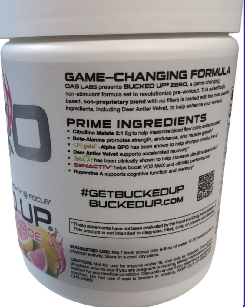Bucked Up Pink Lemonade Bucked Up Non-Stimulant No Caffeine Exp 3/27 30 Servings