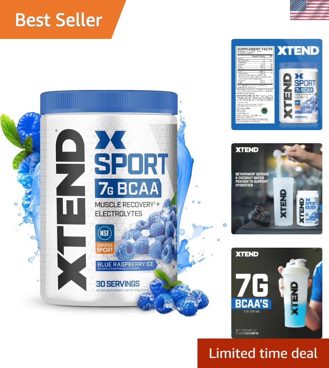 XTEND Sport BCAA Powder Blue Raspberry Ice – 30 Servings of Sugar-Free Recovery