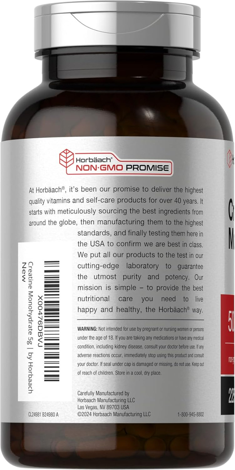 Horbäach Creatine Monohydrate 5000mg 225 Capsules Non-Gmo Gluten Free Supplement