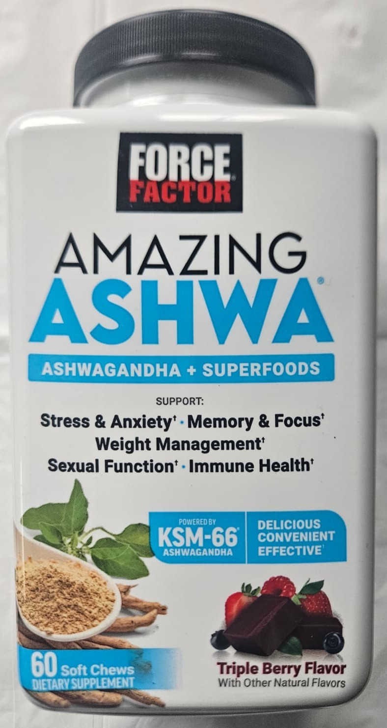 Force Factor Amazing Ashwa – Triple Berry Flavor – 60 Soft Chews