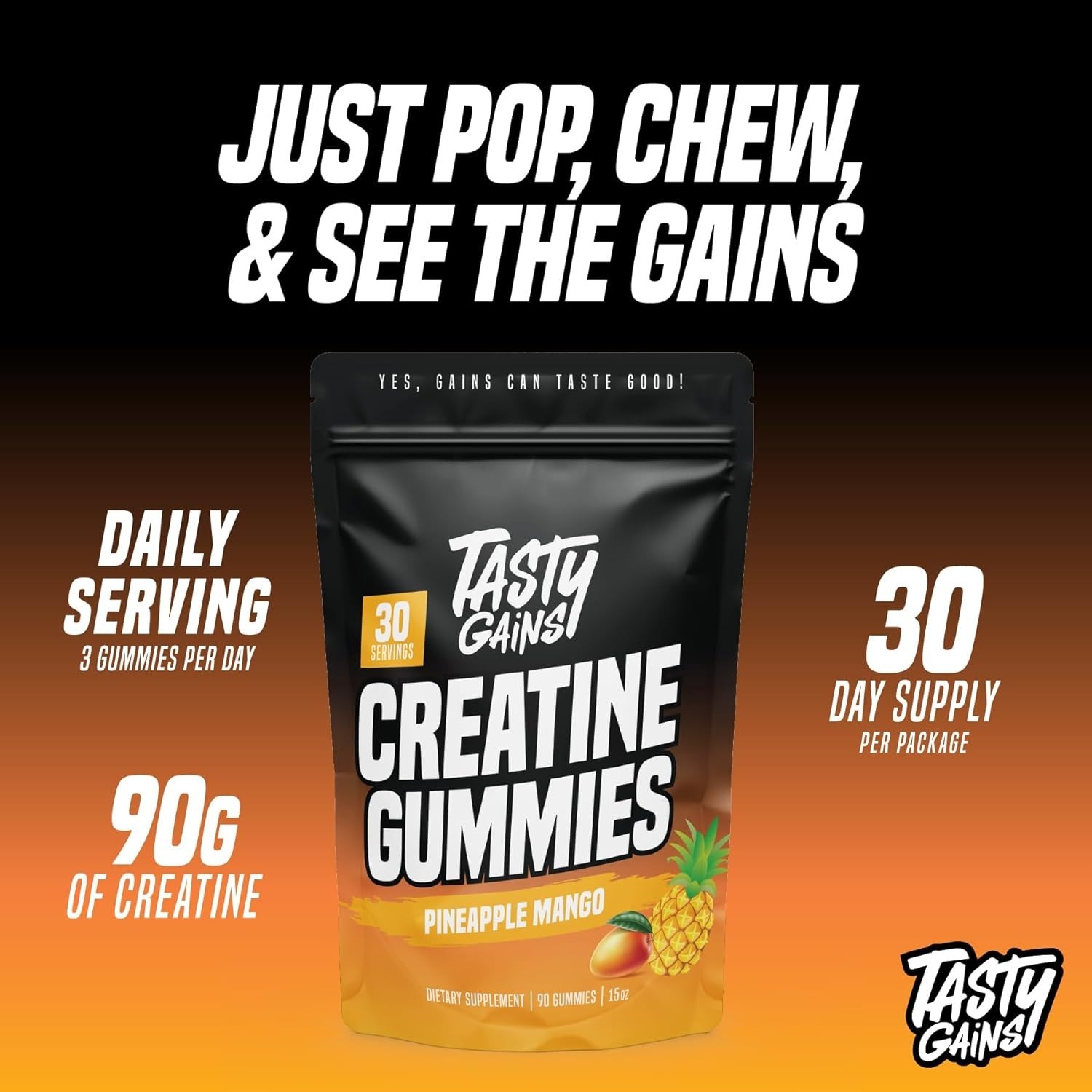TASTY GAINS Creatine Gummies – 90g of Creatine Monohydrate – Pineapple Mango