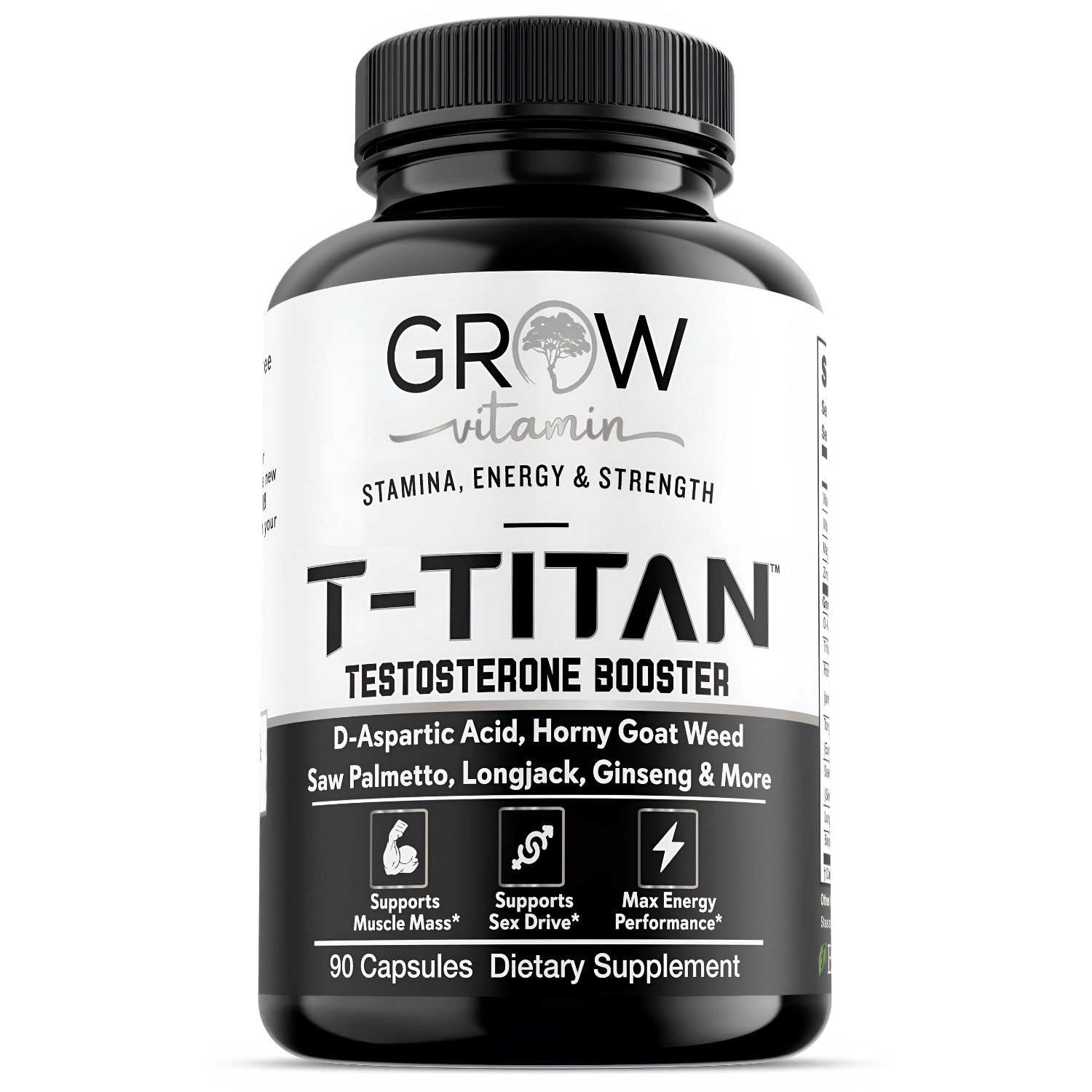 GROW T-TITAN Testo Booster + – Muscle Growth, Energy, Libido Capsules 90ct
