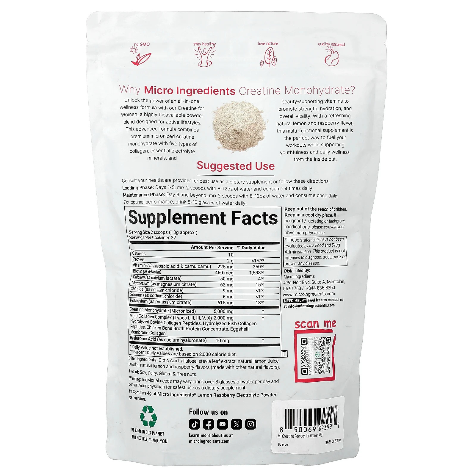 Creatine Monohydrate For Women, Lemon & Raspberry, 1.1 lb (500 g)