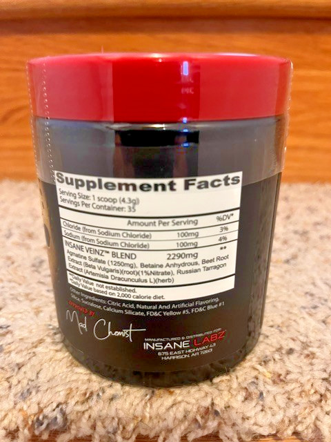 Insane Labz Insane Veinz Stim-Free Pumps Nitric Oxide Pre-Workout Apple New