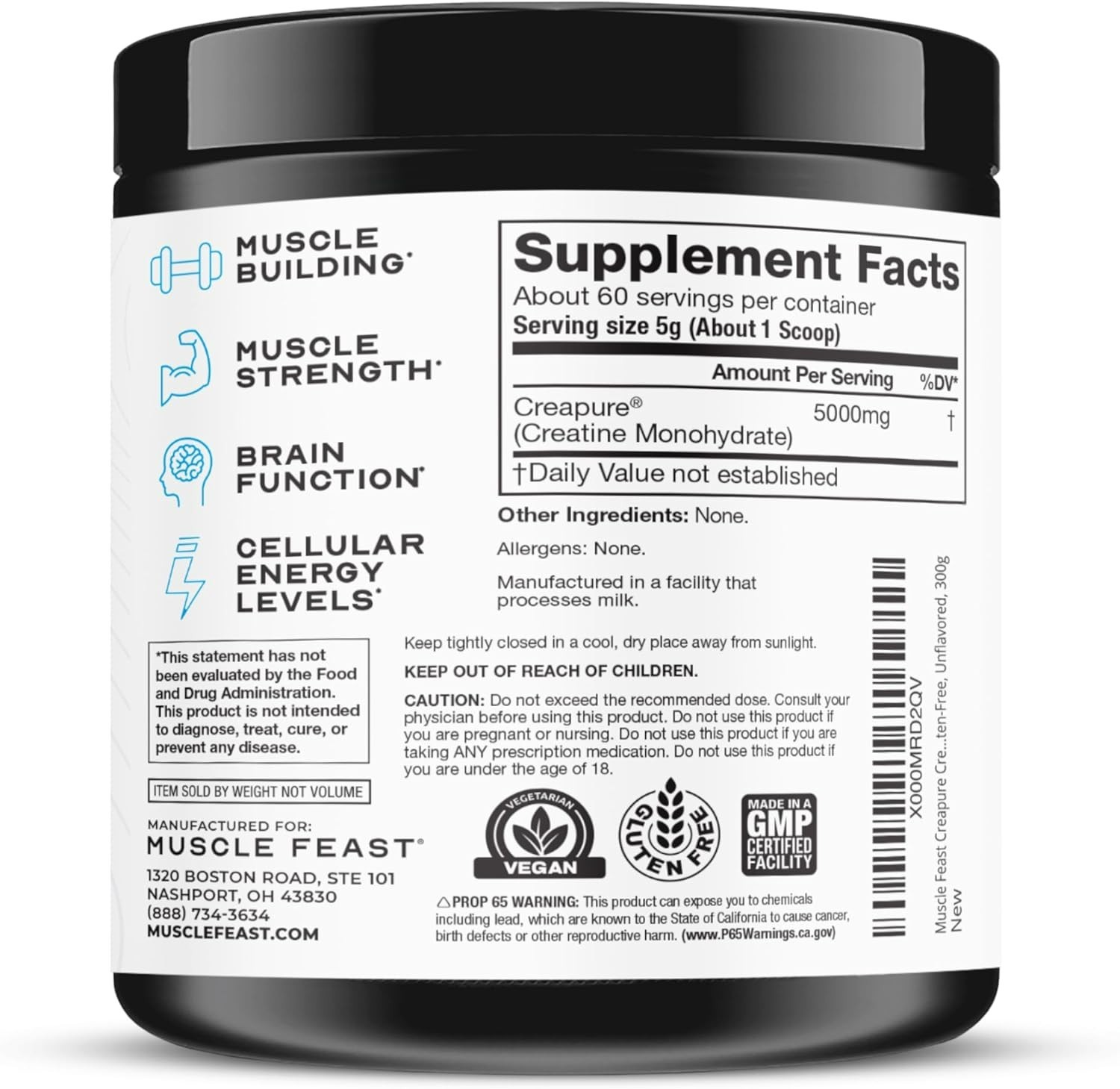 Muscle Feast Creapure Creatine Monohydrate Powder, Unflavored – 10.58 oz