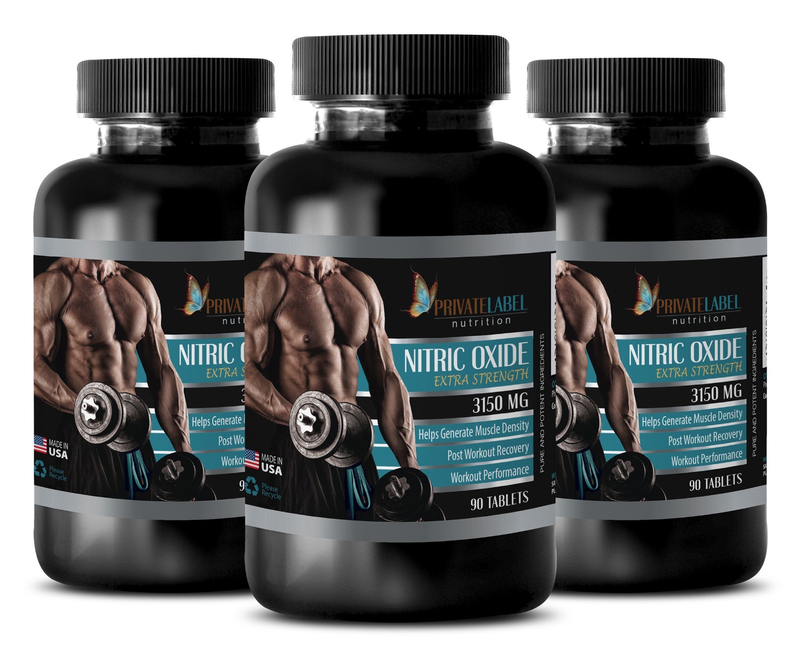 Nitric Oxide 3150mg L-Arginine Powder Muscle Pump Plus 270 Capsules 3 Bottles