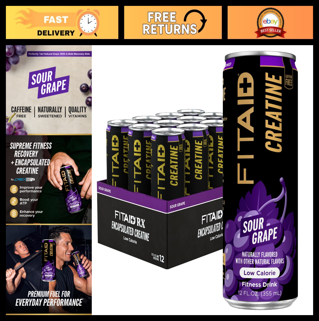 12-Pack Sour Grape Recovery Drink – Creatine, BCAAs, Glucosamine, Electrolytes