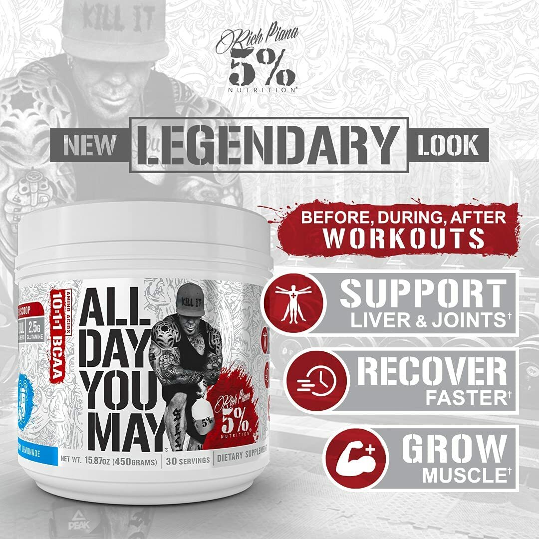 5% Nutrition Rich Piana All Day You May BCAA ALL FLAVORS & CAFFEINATED 💪 AMINOS