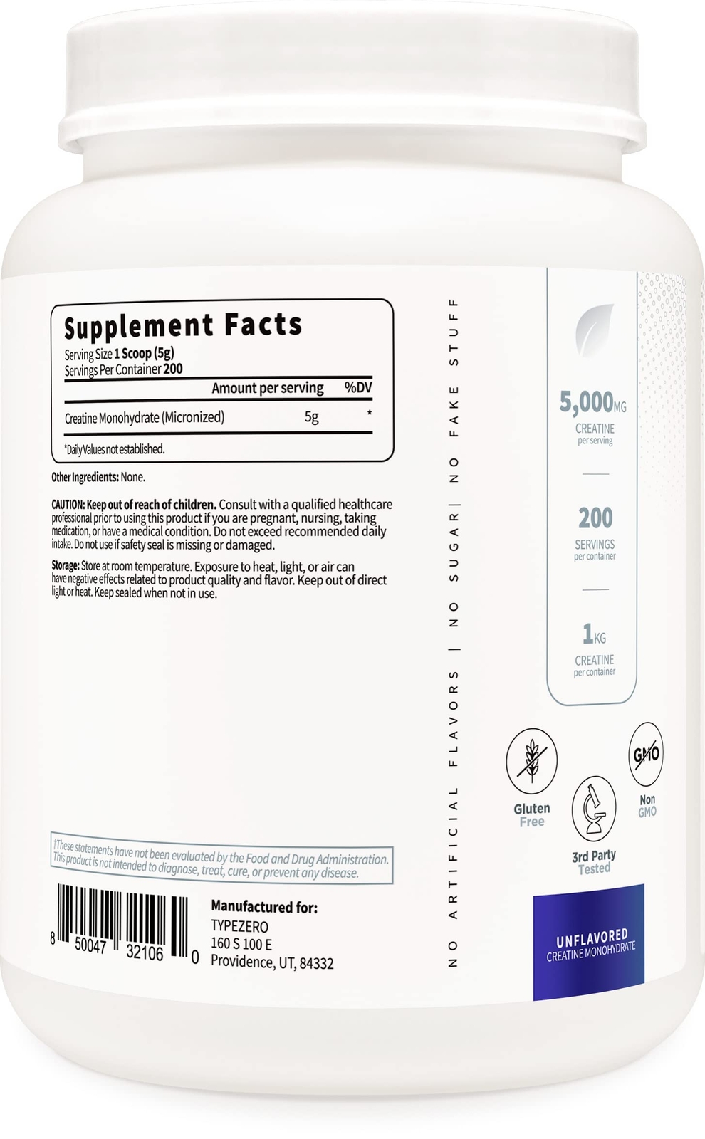 Type Zero Creatine Monohydrate Unflavored 1 KG 5000mg 5g Per Serving Microniz…