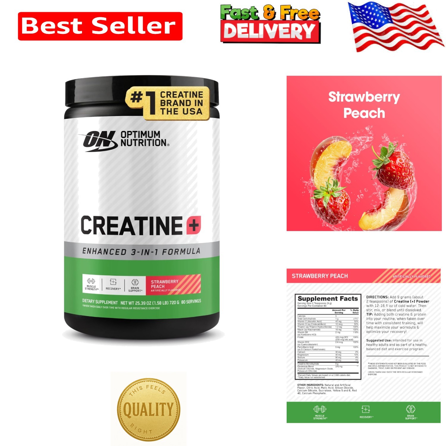 Creatine Monohydrate Powder for Athletes – Strawberry Peach Flavor, 720g