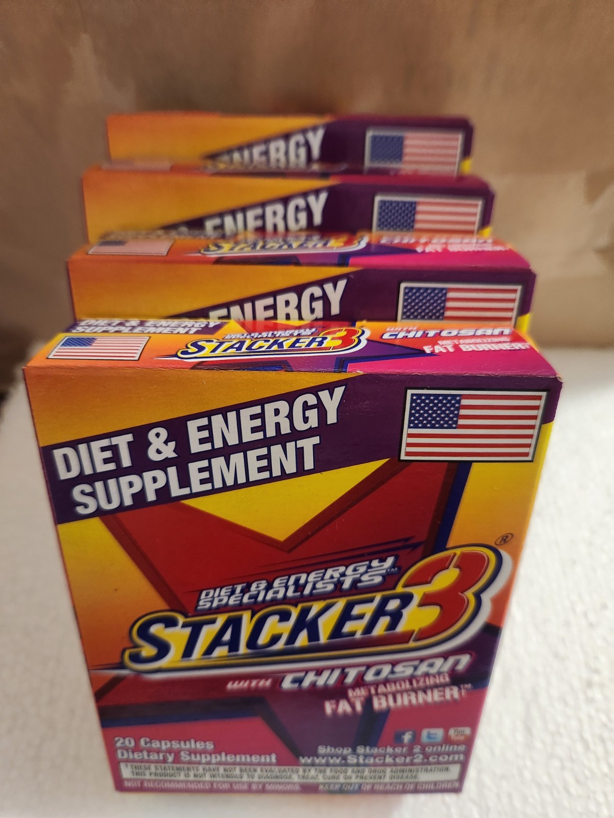 4-Stacker3 Diet & Energy Supplement w/ Chitosan – 20 Capsules – Exp 10/2029