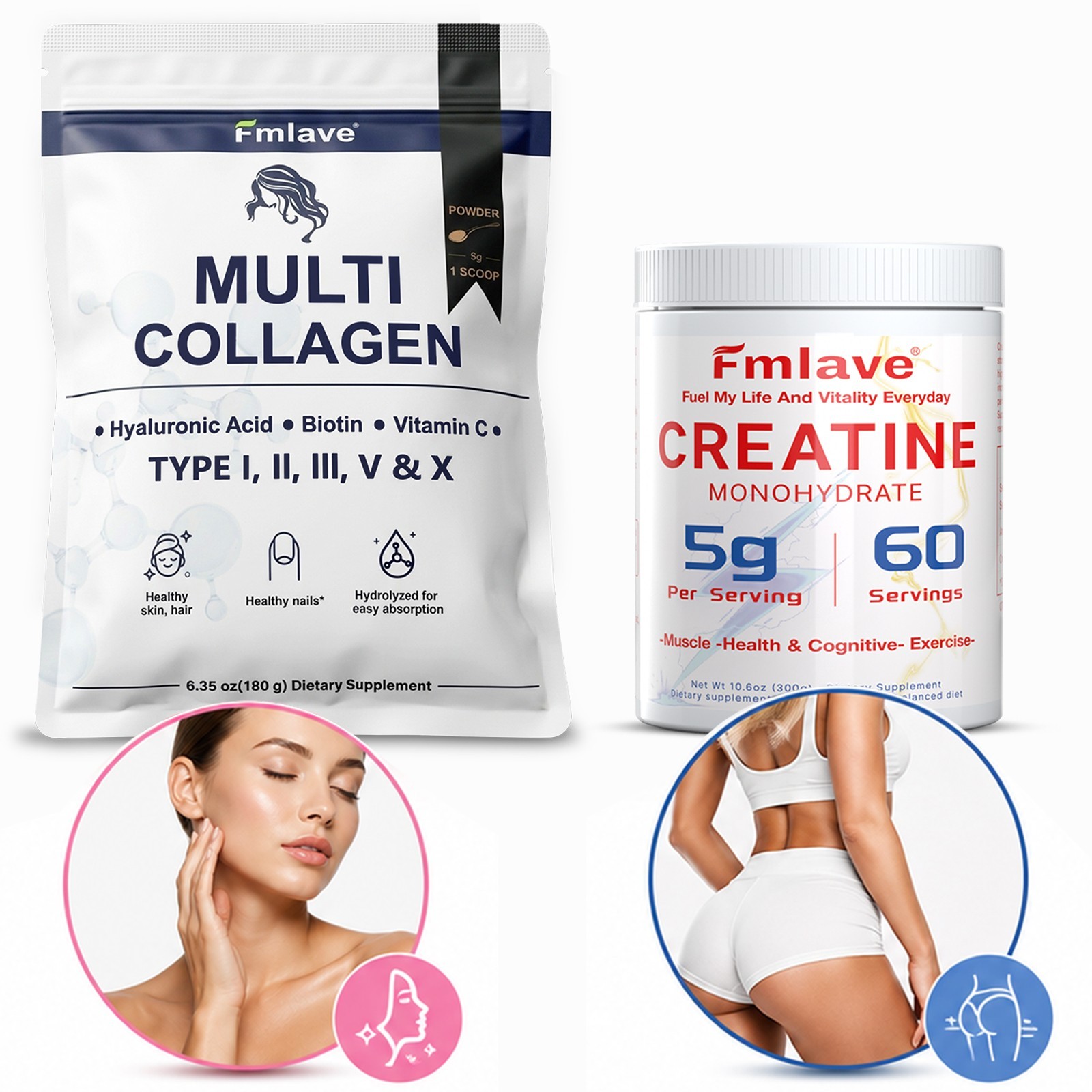 Creatine for Women + Collagen Peptides 5G Each – Muscle, Beauty, Performance 2pc