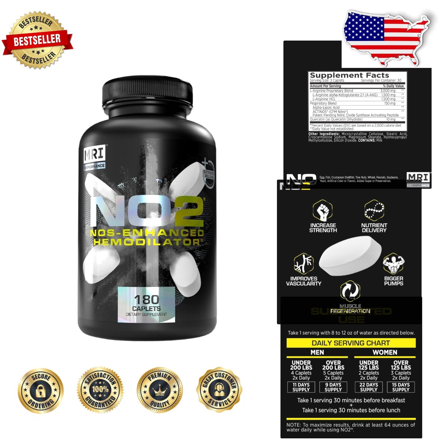 Performance NO2 Formula 3000mg L-Arginine AAKG Vascularity 180 Caplets