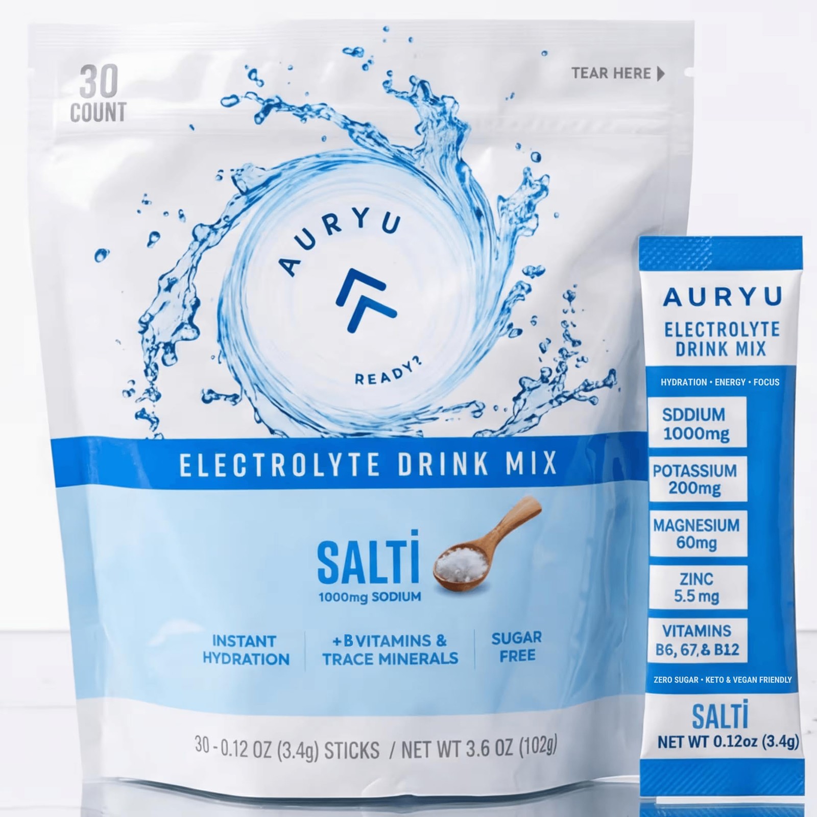 Auryu Salti Electrolyte Drink Mix Powder Unflavored 30 Stick Packs 1000Mg