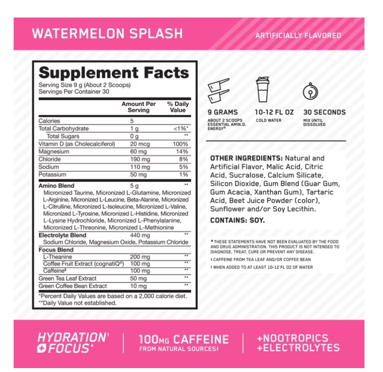 Optimum Nutrition Amino Energy Hydration Plus Focus Watermelon 30 Servings